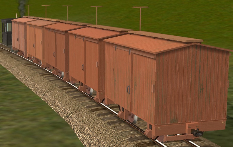 String of 30" gauge boxcars, with 5 random textures (shown)